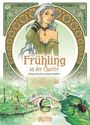 "Frühling an der Charité. Philippe Pelaez & Alexis Chabert." Eine Frau in historischer Kleidung, grüne Landschaft, Brücke.