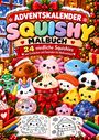 Aufschrift: „Adventskalender Squishy Malbuch. 24 niedliche Squishies zum Entdecken und Ausmalen bis Weihnachten!“ Bunte Illustrationen von Squishies in weihnachtlicher Umgebung mit Malbuch und Buntstiften.