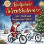 "Radfahrer Adventskalender. Quiz-Buch mit Fragen und Rätsel." Illustration: Weihnachtsmann und Engel fahren Fahrrad.