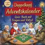 „Doppelkopf Adventskalender. Quiz-Buch mit Fragen und Rätsel.“ Ein Weihnachtsmann, ein Engel und zwei Männer spielen Karten.