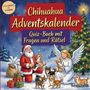 „Chihuahua Adventskalender“, „Quiz-Buch mit Fragen und Rätsel“. Illustration mit Weihnachtsmann, Engel und Hunden.