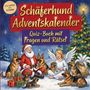 "Schäferhund Adventskalender. Quiz-Buch mit Fragen und Rätsel." Weihnachtsmann und Engel umgeben von Schäferhunden.