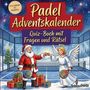 Text: "Padel Adventskalender - Quiz-Buch mit Fragen und Rätsel." Ein Weihnachtsmann und Engel geben sich einen Fauststoß.