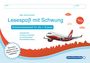 „Lesespaß mit Schwung“, Schülerarbeitsheft 1. Klasse, Teil 5. Illustration eines Flugzeugs, städtische Skyline unten.