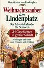 "Weihnachtszauber am Lindenplatz", Adventskalender für Senioren. 24 Geschichten in großer Schrift. Winterliche Straßenszene.