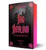 Text: "J. D. Hemlock, The Asylum, Die Toten von Poppy Hills, Psychothriller." Cover: Schaurige Burg, Totenköpfe, dunkles Design.
