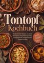 „Tontopf Kochbuch“, darunter leckere Schmorgerichte, Brot und mehr. Umgeben von Töpfen mit Speisen und einem Brotlaib.