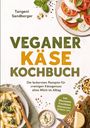 „Veganer Käse Kochbuch“ und weitere Texte; Fotos von Tomaten-Mozzarella, Pasta und Cashew-Nüssen, dekorativ arrangiert.