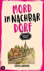 „Mord im Nachbardorf“, „English Pub Mysteries“, „Stella Cameron“. Illustration eines Dorfes mit Kirche.
