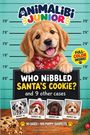Text: "Who Nibbled Santa's Cookie? and 9 other cases." Ein Welpe mit rotem Halstuch vor einem Messhintergrund.