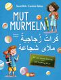 Titel: "MUT MURMELN". Darunter arabischer Text. Illustration von zwei Kindern mit Schultüten und Murmeln.