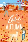 Text: "Emma Wagner. A Love in Autumn." Illustration: Eine Frau mit Herbstlaub und einem Lama vor Häusern.
