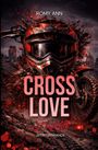 "CROSS LOVE. Hopeful. SPORTROMANCE. Roter Motorradhelm vor urbanem Hintergrund mit Explosionseffekten."