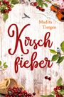 „Madita Tietgen - Kirschfieber“. Ein rustikaler Hintergrund mit Kirschen, Blüten, einer Geige und einem Vogel.