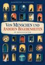 "Von Menschen und anderen Begebenheiten. 25 Geschichten." Fenster mit Silhouetten und Szenen auf blauem Hintergrund.