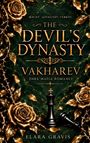 "THE DEVIL'S DYNASTY. VAKHAREV DARK MAFIA ROMANCE. ELARA GRAVIS." Goldene Rosen und Schachfiguren auf dunkelgrünem Hintergrund.