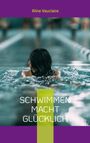 „SCHWIMMEN MACHT GLÜCKLICH“ in Weiß über einem Schwimmer im Pool; oben „Aline Vauclaire“. Lila und grüner Balken.
