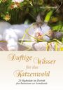 Text: "Duftige Wässer für das Katzenwohl". Eine Katze schläft entspannt im Gras unter Blüten.