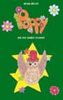 "WILMA MÜLLER", "Poppy" aus Blumen gestaltet, "UND DER ZAUBER-ZYLINDER". Illustration einer Eule mit Zylinder auf Stern.