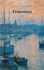 Text: "Sonja Paredes Pernía", "Francesco", "Roman". Illustration: Hafen bei Sonnenuntergang, Boote im Vordergrund, Stadt im Hintergrund.