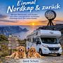 "Einmal Nordkap & zurück" und "Gerd Schulz" auf Nord-Europa-Karte. Route markiert, dazu drei Fotos: Globus-Skulptur und Statue.