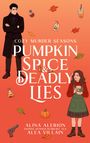 "Cozy Murder Seasons: Pumpkin Spice & Deadly Lies." Illustrationen von einem Mann und einer Frau mit Herbstlaub und Symbolen.