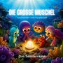 „DIE GROSSE MUSCHEL“, „Geschichten vom Korallenriff“, „Das Seesternkind“. Cartoon-Tiere bewundern eine leuchtende Perle.