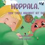 Titel: "HOPPALA, DER TROLL ICHNICHT IST DA". Ein fröhliches Kind und ein kleiner Troll gucken hinter grünen Büschen hervor.