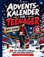 "Adventskalender für Teenager, Boys Edition, ab 12 Jahren. Illustration: Junge mit Skateboard im verschneiten Skatepark."