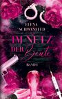 „ELENA SCHWANFELD IM NETZ DER Beute BAND 1“. Rosa Blumen, Handschellen, Pistole, Kobra und Spritze.
