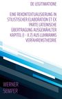 Text: DE LEGITIMATIONE, EINE REKONTEXTUALISIERUNG... Luhmanns Verfahrenslehre. Unten blau-schwarze geometrische Muster.