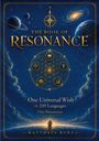 Covertext: "The Book of Resonance. One Universal Wish in 249 Languages." Kosmische Szene mit Planeten und Symbolen.