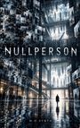 „NULLPERSON“, „M.O. SYNTH“. Futuristisches Gebäude mit Spiegeln, Silhouetten und einem einsamen Menschen im Zentrum.