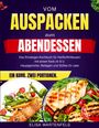 „Vom Auspacken zum Abendessen“, Einsteiger-Kochbuch, „Ein Korb. Zwei Portionen.“. Teller mit Gemüse und Fleisch.