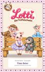 "Lotti, das Trüffelschwein." Illustration eines Schweins in einem lila Kleid auf einer Bank, mit Freunden in niedlicher Szene.