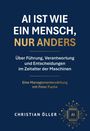 "AI IST WIE EIN MENSCH, NUR ANDERS" in Weiß und Gold auf Dunkelblau. Unten ein Schaltkreis-Logo mit "AI".