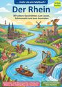 Text: "Der Rhein", "Amüsantes und Wissenswertes entlang des Rheins". Illustration mit Fluss, Burgen, Maler und Harfenspielerin.