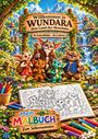 "Willkommen in Wundara, dem Land der Monchuks. 26 Ausmalbilder. Ab 6 Jahren. Mein Malbuch zum Selberausmalen." Illustration von Fantasiewesen vor einer malerischen Landschaft mit Wasserfällen und Blumen.