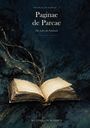 "Paginae de Parcae", "Die Seiten des Schicksals". Ein offenes Buch mit goldenen Linien, auf dunkel-blauem Hintergrund.