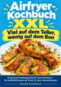 Text: "Airfryer-Kochbuch XXL. Viel auf dem Teller, wenig auf dem Bon." Bild zeigt Hähnchenkeule und Kartoffeln.