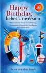 Text: "Happy Birthday, liebes Universum". Untertitel: "Philosophische Texte...". Bunte abstrakte Formen auf blauem Hintergrund.