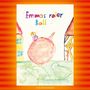 „Emmas roter Ball“ in bunten Lettern. Zwei Kinder mit Ball, links Häuser, grüne Wiese. Aquarell-Illustration.