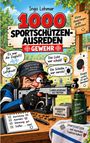 Buchtitel: "1000 Sportschützen-Ausreden Gewehr". Illustration: Schütze mit Gewehr, Ausreden in Sprechblasen, Zielscheibe.
