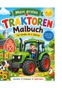 „Mein erstes Traktoren Malbuch. Für Kinder ab 4 Jahren.“ Illustration: Kind auf grünem Traktor, Kuh, Huhn, Scheune.