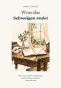 "Wenn das Schweigen endet." Illustration: Tisch mit offenem Buch, Maske, Vase, Bücher; Fenster mit Naturblick.