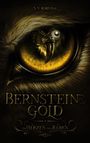 „S. V. Korvina. Bernstein Gold. Im Herzen des Raben.“ Nahaufnahme eines Raubtierauges mit reflektiertem Wald.