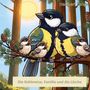 „Die Kohlmeise, Familie und die Lärche“. Vögel auf einem Ast, Illustration eines sonnigen Waldes im Hintergrund.
