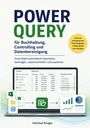 Text: Power Query für Buchhaltung, Controlling und Datenbereinigung. Laptop mit Excel-Symbolen, Tabellen und Diagrammen.