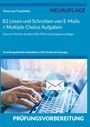 Text: B2 Lesen und Schreiben von E-Mails + Multiple Choice Aufgaben. Hände tippen auf einer Laptop-Tastatur, E-Mail-Symbole.