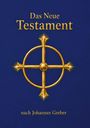 „Das Neue Testament“ und „nach Johannes Greber“ in goldener Schrift auf blauem Hintergrund, mit einem goldenen Symbol.
